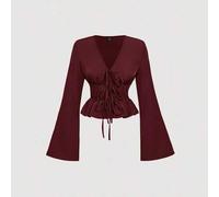 Shein Blusa con mangas acampanadas y nudo al frente en color borgoña, disfraces calados, disfraz de diablo para mujer, vintage, top de pirata, ropa hippie,