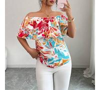 Shein Blusa con un hombro, volantes y estampado todo sobre todo para el estilo de vacaciones de verano de las mujeres