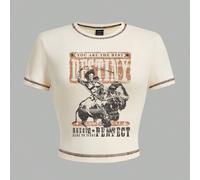 Shein Blusa corta de cuello redondo de manga corta con patrón vaquero retro casual para mujer, verano TÚ ERES EL MEJOR DESTINO HONOR TRADICIONAL PERFECTO AT