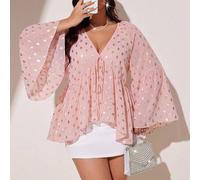 Shein Blusa corta holgada de mujer talla grande en gasa transparente rosa con lunares metalizados, cuello en V y mangas de murciélago acampanadas, para sali