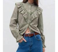 Shein Blusa de cuadros con detalles de volantes en el frente, cuello mao y mangas largas con puños suaves. Femenina y ligera con una silueta ajustada y favo