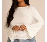Shein Blusa de cuello redondo de manga acampanada súper suave con pliegues en la cintura, casual blanca para verano, vacaciones, uso diario en el trabajo, e