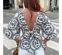 Shein Blusa de cuello redondo nueva primavera/verano 2026, top amarillo crema con mangas farol dulces, top casual holgado y sin espalda con gran lazo en la