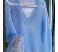 Shein Blusa de encaje de punto azul menta estilo Y2K, blusa de chifón con cuello en V retro francés y mangas farol, adecuada para vacaciones de verano, sali