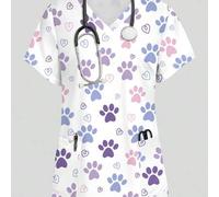 Shein Blusa de enfermera blanca con estampado de huellas de animales & graffiti de corazones, cuello en V, manga corta, elegante para capas & ropa de trabaj