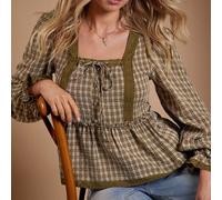 Shein Blusa de estilo boho, casual y lindo con cuello cuadrado con lazo, mangas abullonadas largas, volantes y detalles bordados a cuadros y de ojal, ideal