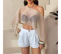 Shein Blusa de hombros transparentes con brillo y bajo asimétrico holgado para mujer, tops sexy, otoño/invierno, Acción de Gracias y Año Nuevo