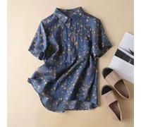 Shein Blusa de lino con cuello Mao de manga corta con estampado floral menudo para mujer talla grande, Falda de lino de verano para mujer, Old Money, Falda
