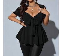 Shein Blusa de manga corta con cuello en V, parches de encaje y detalle de nudo en la parte delantera, para mujer talla grande, para verano