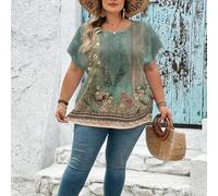 Shein Blusa de manga corta de cuello redondo suelta con estampado floral para tallas grandes, ideal para el verano y vacaciones, Curve Plus, Hoho