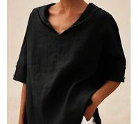Shein Blusa de manga corta de unicolor, ligera y casual con cuello Peter Pan, talla grande, primavera/verano, color negro