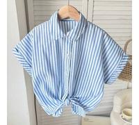 Shein Blusa de manga corta informal y cómoda con rayas azules y blancas y bajo retorcido para niña preadolescente
