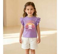 Shein Blusa de manga corta para niñas, nueva llegada de verano, dulce y linda, estampado de dibujos animados y letras, ajuste delgado, casual y de moda, blu