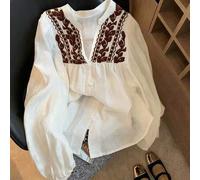 Shein Blusa de manga farol larga con cuello en V, fruncida, con contraste blanco y negro bordado, estilo francés de vacaciones, para verano/otoño