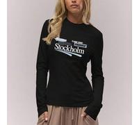 Shein Blusa de manga larga ajustada con gráfico, cuello redondo, estilo "Old Money", acogedor estilo campestre, "Clean Girl", para uso casual y de descanso