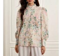 Shein Blusa de manga larga con cuello con volantes, estilo romántico italiano, con bordado de encaje y estampado floral delicado, camisa de mujer