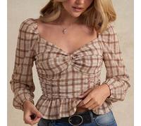 Shein Blusa de manga larga con cuello corazón, volantes y peplum a cuadros, estilo western para mujer, para volver a la escuela, concierto de música country