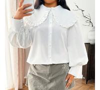 Shein Blusa de manga larga con cuello Peter Pan y botones al frente de color blido para mujer de talla grande, casual diaria, de vuelta al colegio, Día de S