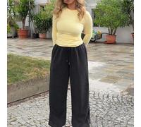 Shein Blusa de manga larga con cuello redondo, casual para verano, primavera, vacaciones, armario cápsula, uso diario, amarillo, aeropuerto, días festivos,