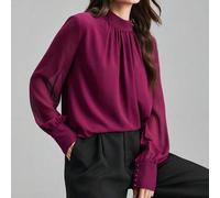 Shein Blusa de manga larga de gasa con cuello mao de color café oscuro, nueva colección primavera/verano 2026. Adecuada para fiestas urbanas modernas, vuelt