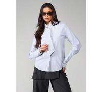 Shein Blusa de mujer con botones y cuello, de manga larga, a rayas, para oficina y trabajo profesional