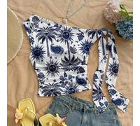 Shein Blusa de mujer con estampado todo sobre de dios del sol azul, estilo casual de vacaciones, apropiada para primavera/verano, estilo de vacaciones