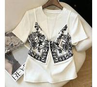 Shein Blusa de mujer de estilo minimalista francés para vacaciones, de tela de punto suave estampada, diseño de nudo retorcido 2 en 1 de cuello redondo y ma