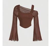 Shein Blusa de mujer de manga larga con hombro asimétrico y mangas de trompeta de malla en color café, estilo occidental, vintage, años 70, The Bachelorette