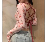 Shein Blusa de mujer de manga larga con panel de malla contrastante, estampado floral todo sobre fondo rojo de Angola, con cordón y escote descubierto