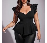Shein Blusa de mujer talla grande para verano con mangas volantes y escote corazón en color negro, top elegante de corte ajustado para otoño, formal para no
