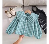 Shein Blusa de niña estilo coreano vintage lindo con cuello Peter Pan, cuadros rojos & blancos, mangas farol, adecuada para regreso a la escuela, uso casual