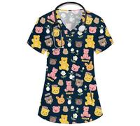 Shein Blusa de pijama con cuello en V y mangas cortas, bolsillos duales, estampado de dibujos animados adorables, para enfermeras, médicos, peluquería de ma