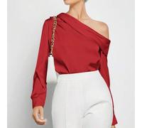 Shein Blusa de satén de manga larga con hombros fruncidos y diseño asimétrico, de estilo moderno, elegante y urbano para uso diario, romántico y retro de lo