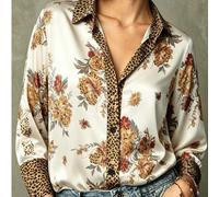 Shein Blusa de satén elegante para mujer con estampado de leopardo & patchwork floral blanco, drapeada con brillo brillante, suave y cómoda, adecuada para v