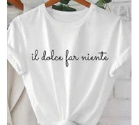 Shein Blusa de verano, camiseta de mujer de manga corta con estampado del texto en italiano "Il Dolce Far Niente" que significa "La bella vida", blusa casua