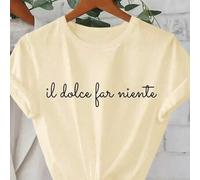 Shein Blusa de verano, camiseta de mujer de manga corta con texto impreso "Il Dolce Far Niente Beautiful Life" en estilo casual de cuello redondo, para prim