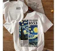 Shein Blusa de verano casual camiseta con un homenaje a la pintura "La noche estrellada" de Van Gogh y estampados con números 1853, blusa primavera y verano