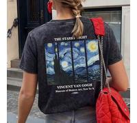 Shein Blusa de verano elegante para mujer de talla grande, 64% algodón, estilo de pintura al óleo artística de Van Gogh, cuello redondo, manga corta.Camiset