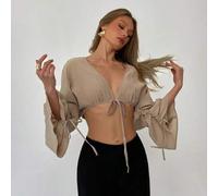 Shein Blusa de verano nueva de mujer con diseño de cuello en V profundo, manga larga súper corta, estilo elegante y sexy para vacaciones, de lino de color l