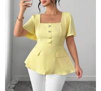 Shein Blusa elegante de estilo francés con fruncidos, adecuada para el trabajo, el transporte, el casual, las vacaciones, el té romántico, con cuello cuadra