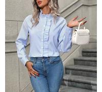 Shein Blusa elegante de manga larga con cuello de volantes, abertura frontal y bajo con volantes, a rayas azules y blancas, para uso en la oficina o como at
