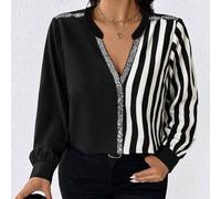 Shein Blusa elegante de manga larga con rayas y lentejuelas de contraste para mujer de talla grande, adecuada para el uso diario, maestros, fiestas de baile