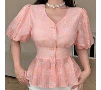Shein Blusa elegante de mujer con cuello en V, mangas con diseño de pétalos bordados, que ciñe la cintura y es favorecedora