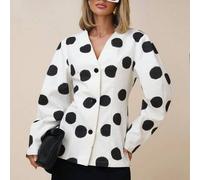 Shein Blusa elegante de mujer con escote en V profundo y lunares grandes, adecuada para el uso en la oficina a principios del otoño