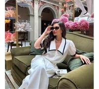 Shein Blusa elegante de mujer con manga corta de pétalo en contraste de color, abotonada de un solo pecho, verano blanco