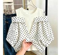 Shein Blusa elegante de verano para mujer, blanca con lunares negros, hombros descubiertos, reversible, estilo fiesta de té, top casual con patchwork, para