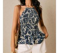 Shein Blusa estampada azul, blusa estampada con hojas de palma, playa, vacaciones, Día de la Madre, blusa de mujer con estampado floral, cuello halter y vol