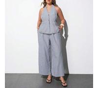 Shein Blusa holgada de talla grande con cuello halter sin mangas a rayas y lazo en la cintura, conjunto de dos piezas, estilo vintage de oficinista, románti
