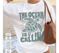 Shein Blusa holgada para mujer, hecha de tela de algodón pesado 100% especial, con estampado vintage de tortuga marina y "El mar está llamando", transpirabl