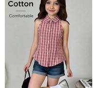 Shein Blusa informal de vacaciones elegante para niña preadolescente, de cuello, sin mangas, plisada, tejida, a rayas azul y blanco, con cintura ceñida, cor